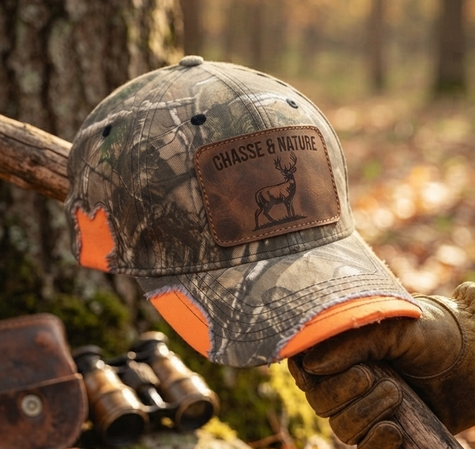 Personalized hunting cap with leather patch
